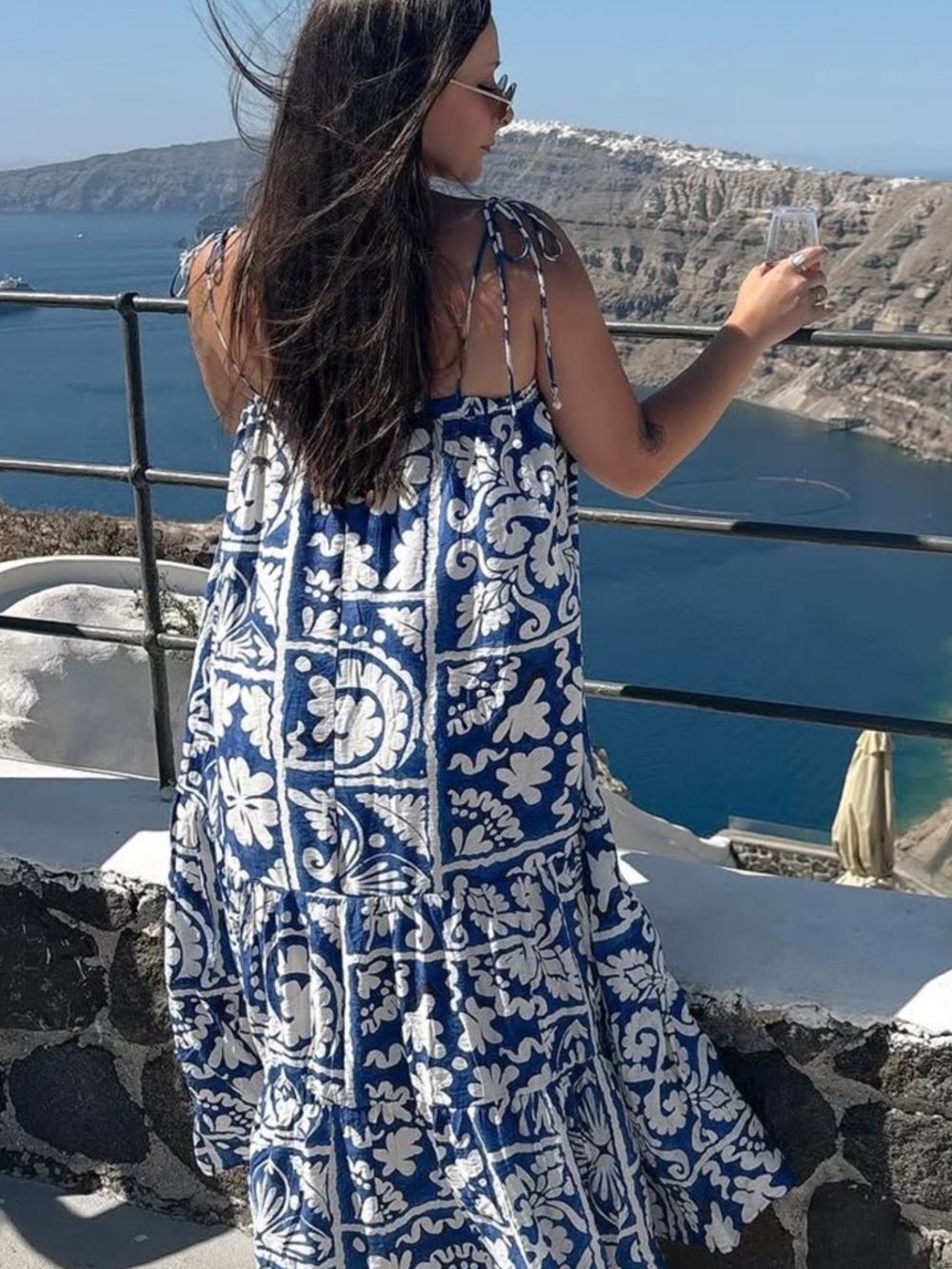 H&M Blue and White Maxi Dress with Floral Tile Print